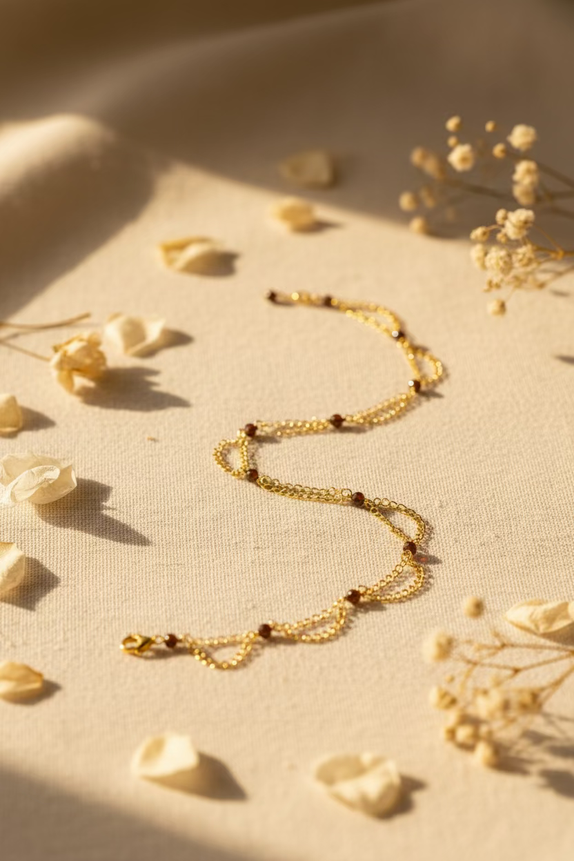 Handmade gold-colored layered chain anklet with faceted garnet beads arranged to highlight its delicate cascading design.