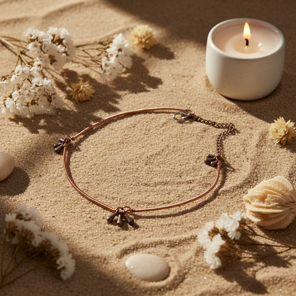 Dewdrop Dance artisan copper anklet displayed on warm sand with natural décor.