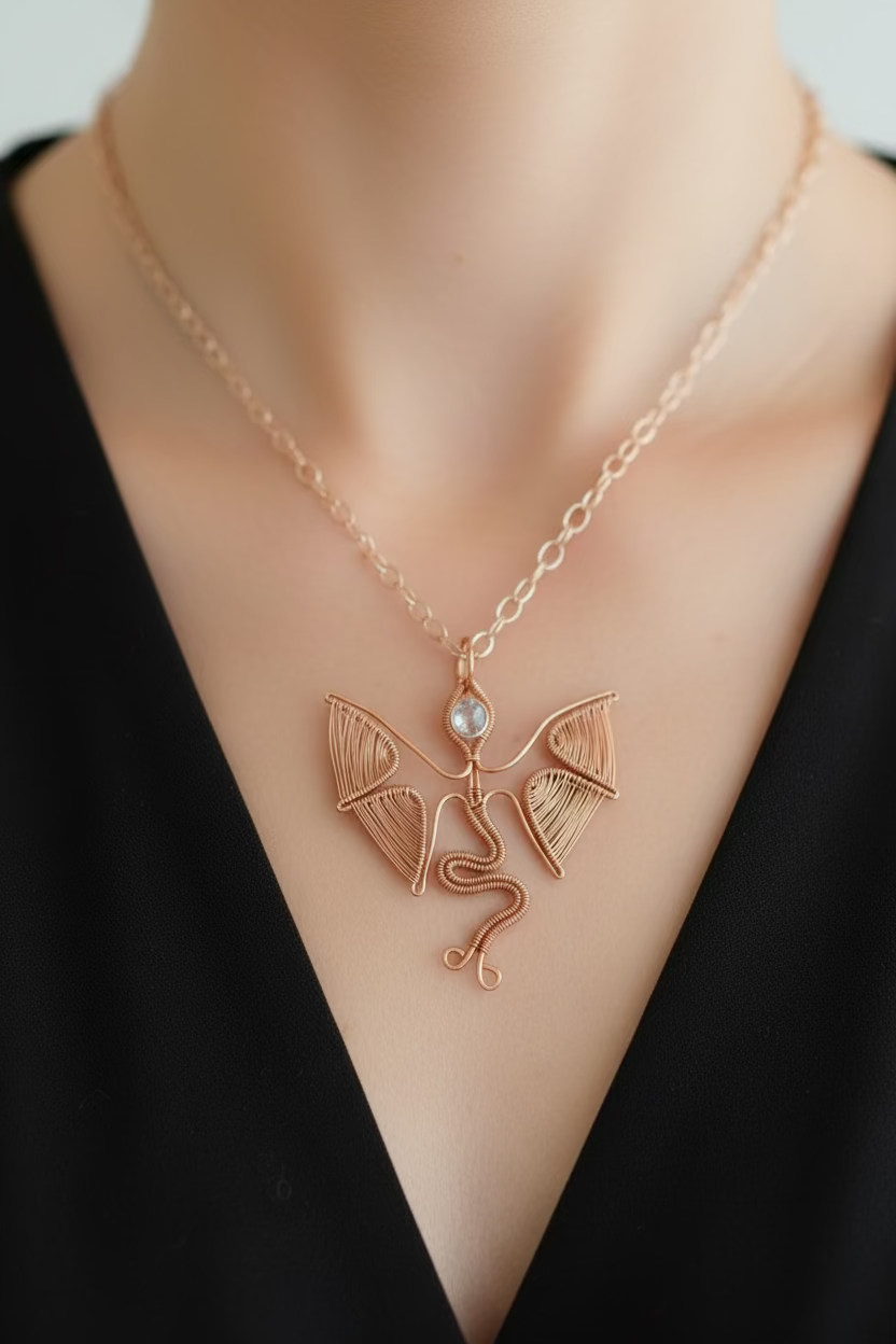 Model wearing the handmade Dragon Heart copper dragon pendant necklace with a sparkling zirconia gemstone on a copper-tone chain.