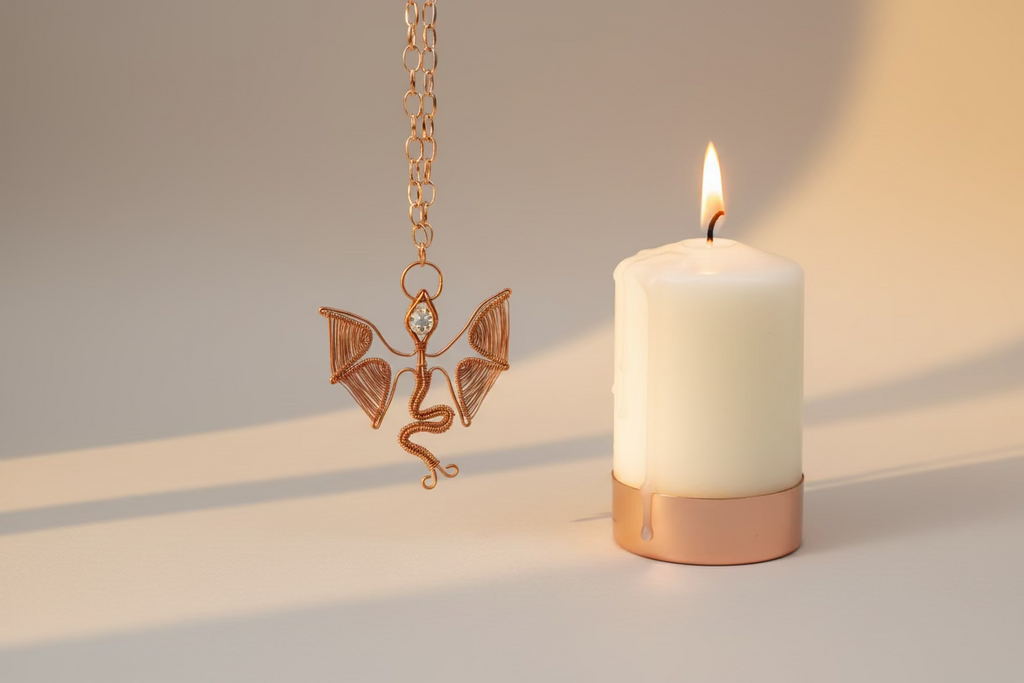 Handmade copper dragon pendant necklace featuring woven wire wings and a sparkling zirconia gemstone hanging in warm natural light.