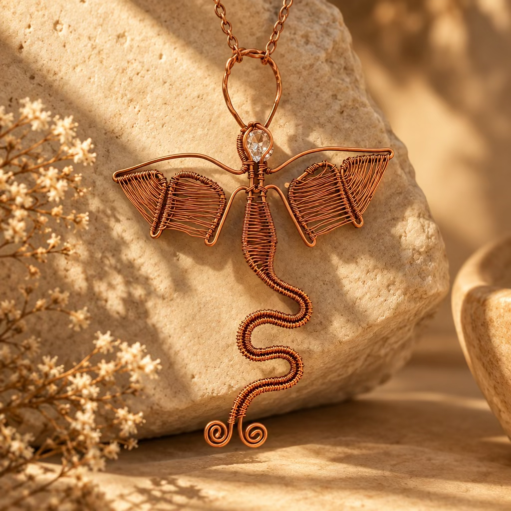 Handcrafted copper Dragon Heart pendant displayed on a rock