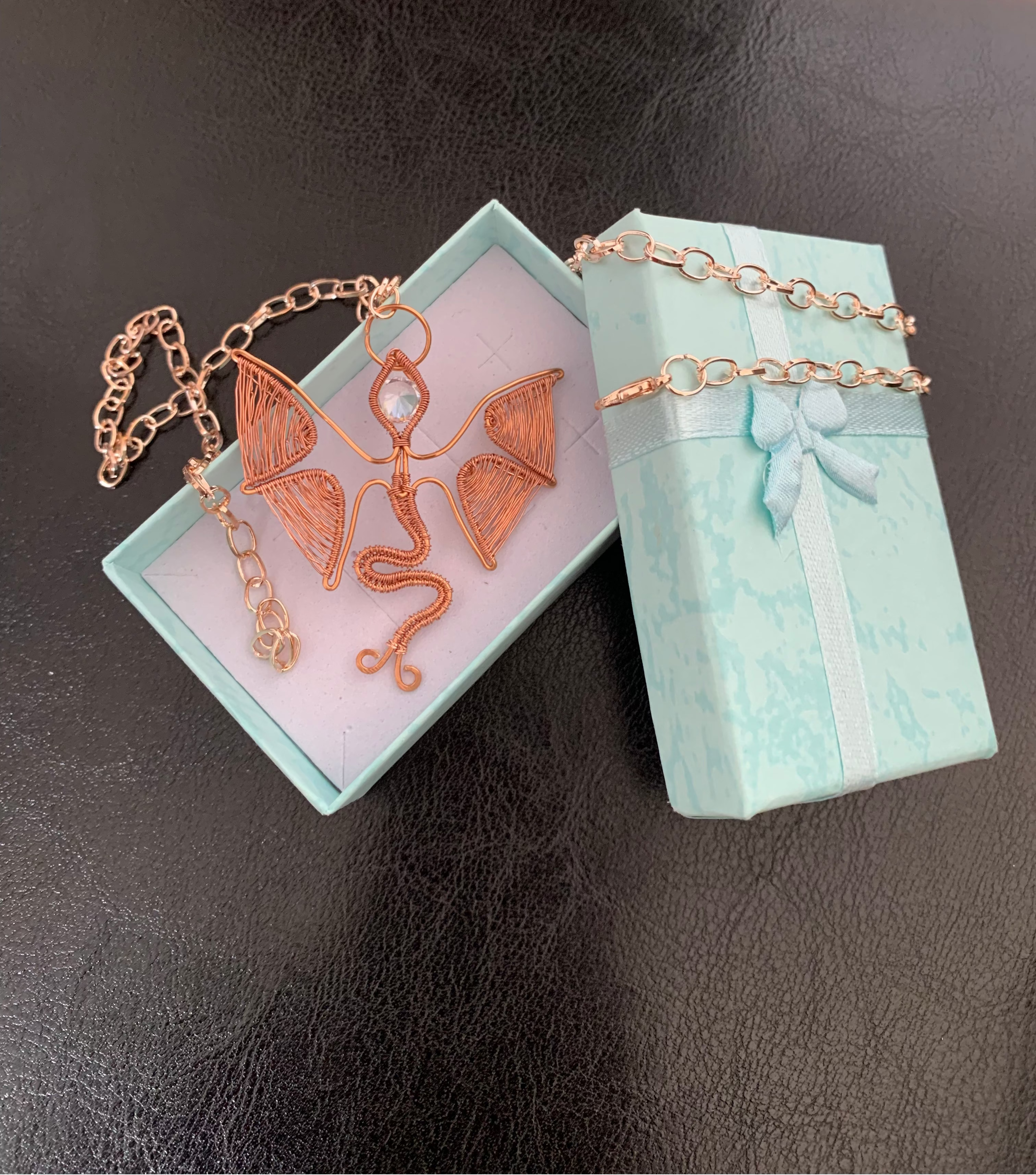 Handmade Copper Dragon Necklace with Zirconia - Fantasy Wire Wrapped Pendant - Unique Gift for Her