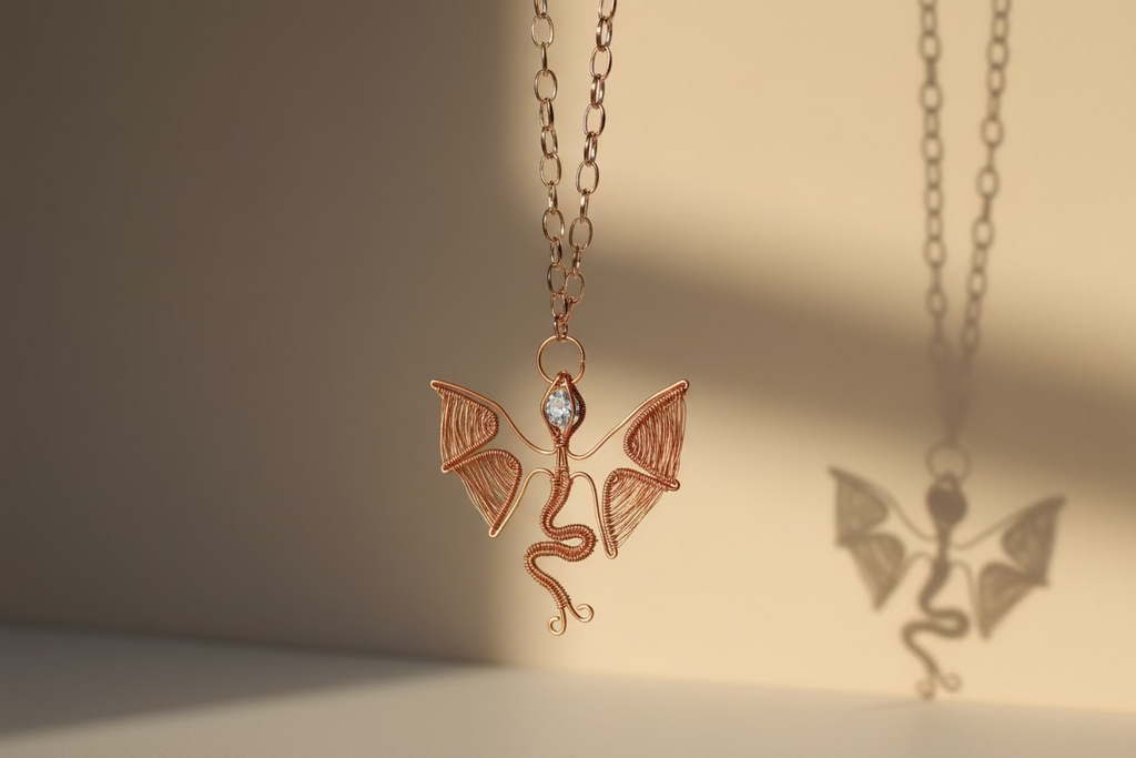 Handmade Copper Dragon Necklace with Zirconia - Fantasy Wire Wrapped Pendant - Unique Gift for Her