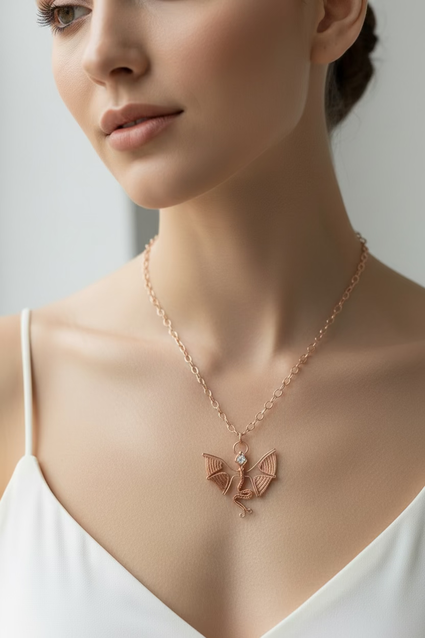 Handmade Copper Dragon Necklace with Zirconia - Fantasy Wire Wrapped Pendant - Unique Gift for Her