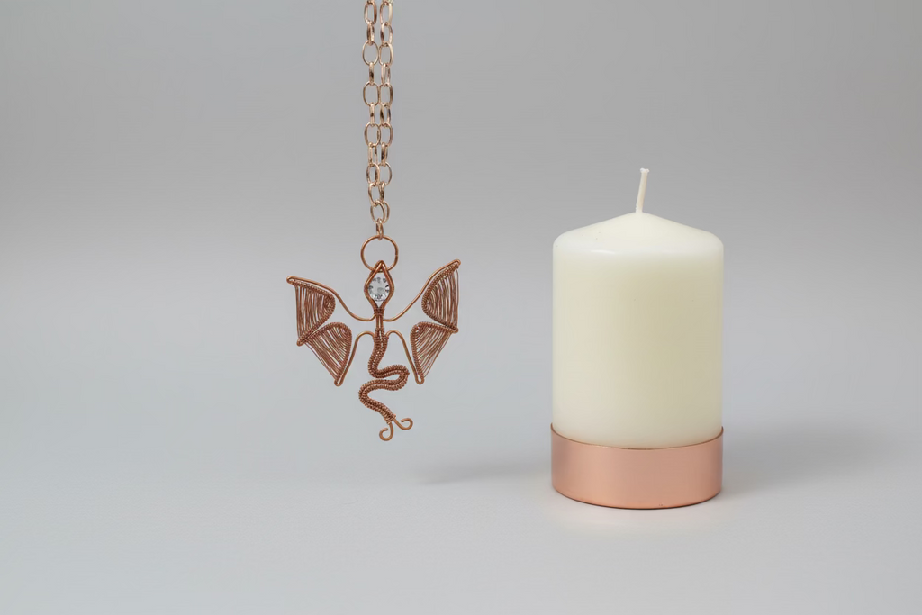 Handmade Copper Dragon Necklace with Zirconia - Fantasy Wire Wrapped Pendant - Unique Gift for Her