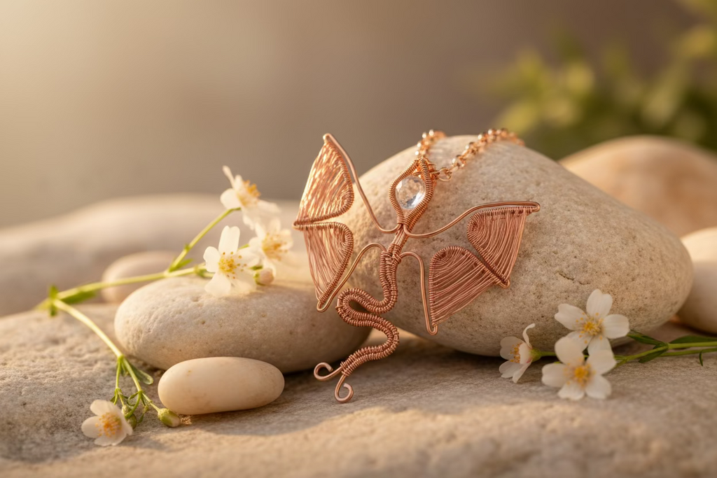 Handmade Copper Dragon Necklace with Zirconia - Fantasy Wire Wrapped Pendant - Unique Gift for Her