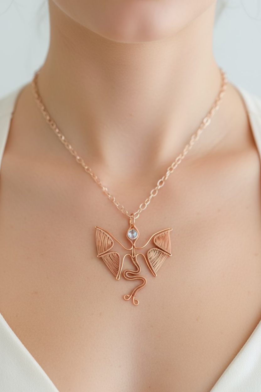 Handmade Copper Dragon Necklace with Zirconia - Fantasy Wire Wrapped Pendant - Unique Gift for Her
