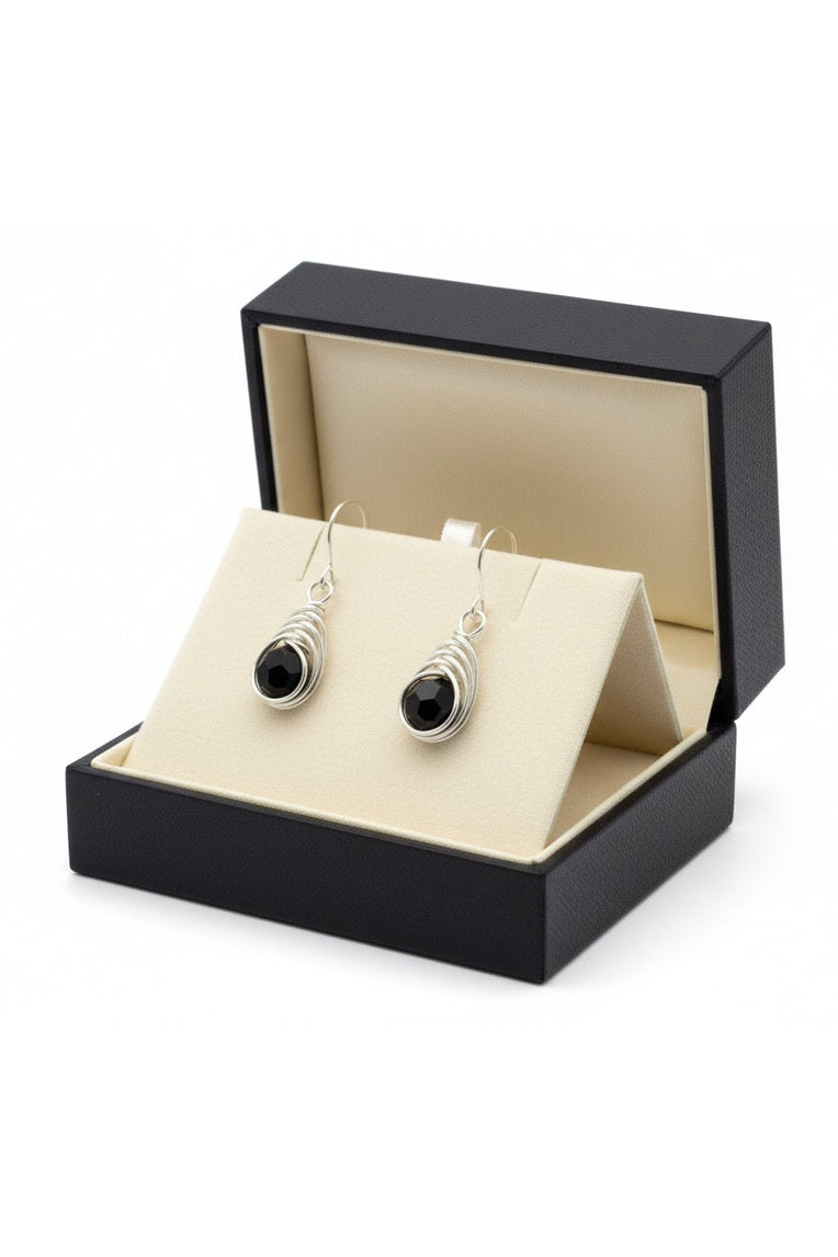 Black Faceted Bead Earrings – Minimalist Wire Wrapped Drops (Handmade)