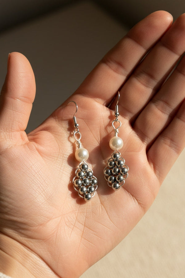Pearl & Silver Bead Earrings – Geometric Design (1.5")