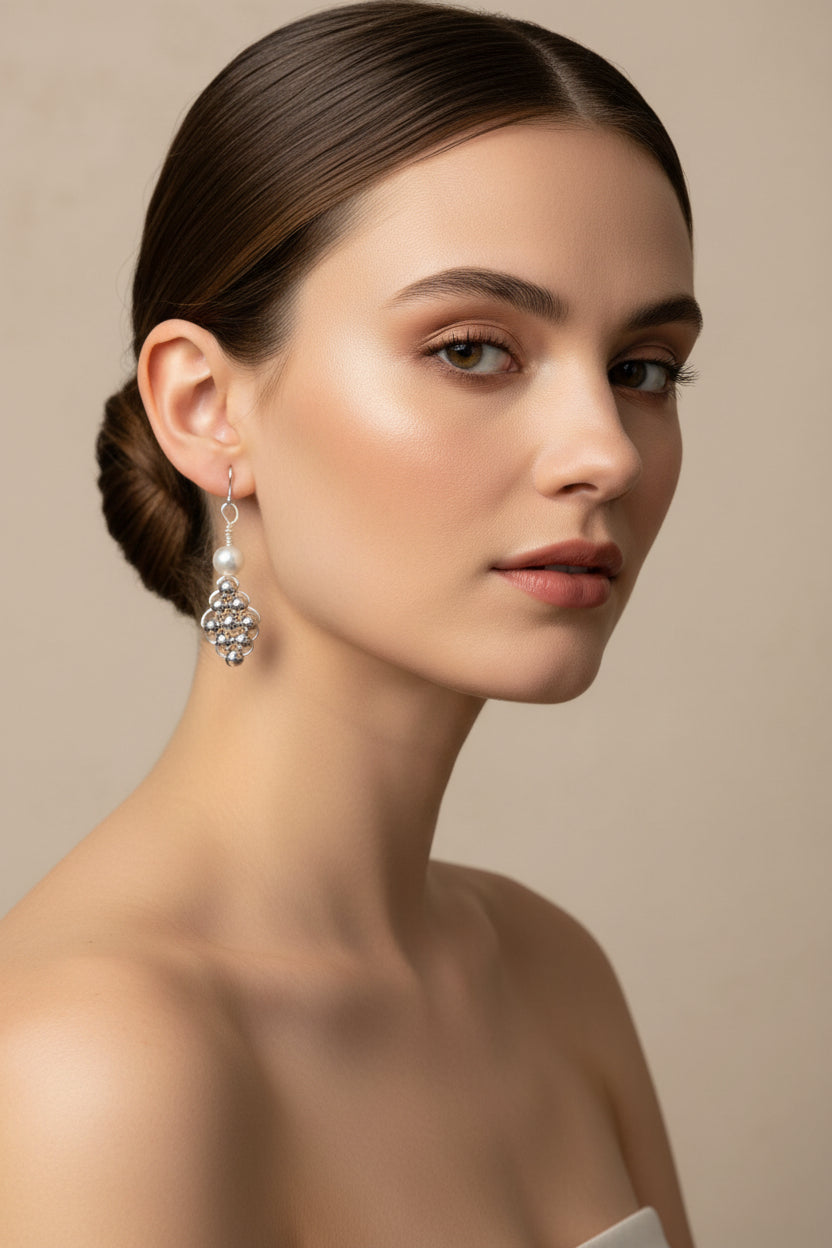 Pearl & Silver Bead Earrings – Geometric Design (1.5")