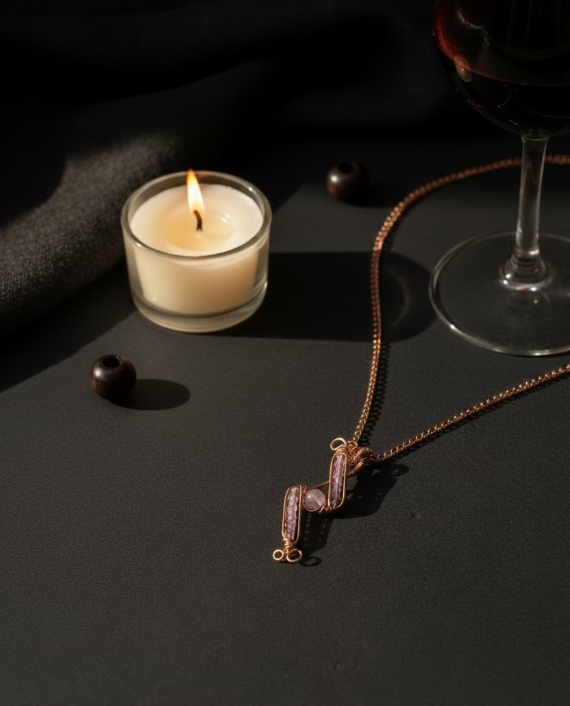 Handmade Evening Lilac copper wire pendant necklace displayed on a light background, featuring fourteen genuine amethyst beads, a violet centerpiece, and an elegant asymmetrical wire-wrapped design.