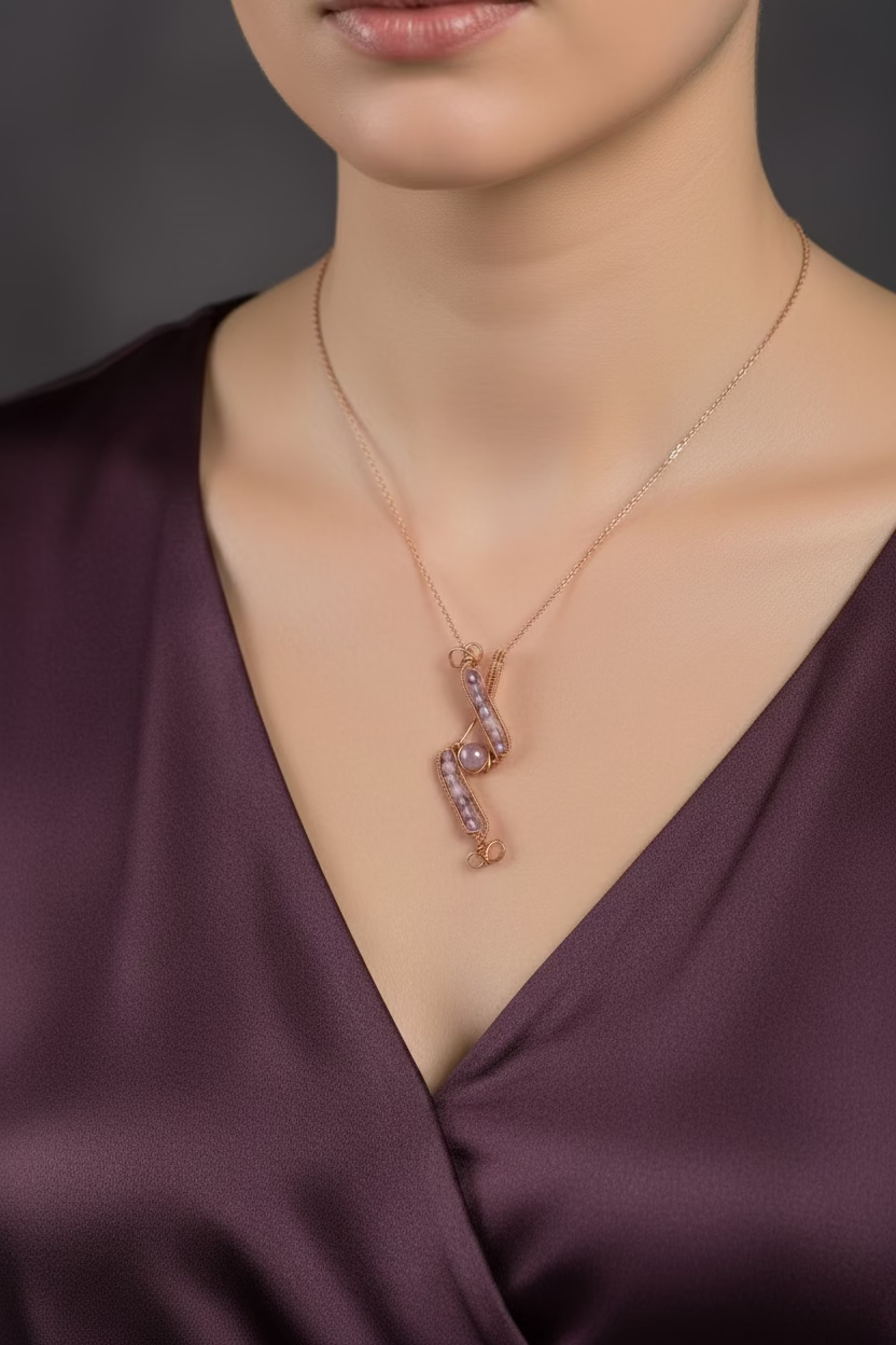 Woman wearing the handmade Evening Lilac copper wire pendant necklace featuring fourteen genuine amethyst beads and a violet centerpiece, showcasing its elegant size and graceful design.