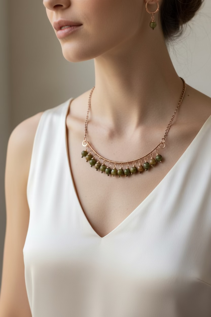 Model wearing the Evergreen Grace handcrafted unakite and copper necklace, showcasing the elegant crescent design with genuine green gemstone beads.