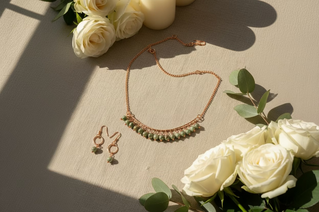 Evergreen Grace handcrafted unakite and copper necklace with matching earrings displayed on linen beside white roses and candles.