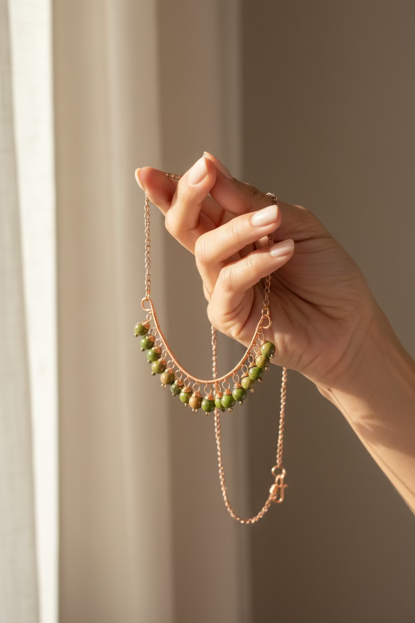 Hand holding the Evergreen Grace unakite and copper necklace, highlighting the handcrafted copper wirework and natural gemstone beads.