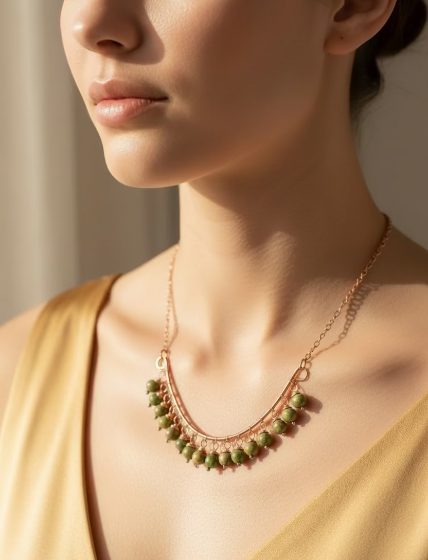 Model wearing the Evergreen Grace handcrafted unakite and copper necklace, showcasing the elegant crescent design with genuine green gemstone beads.