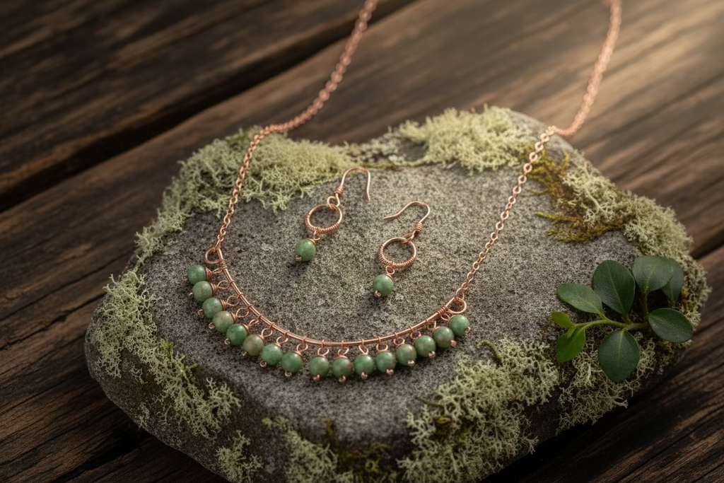 Evergreen Grace handcrafted unakite and copper necklace with matching earrings displayed on moss and rock.