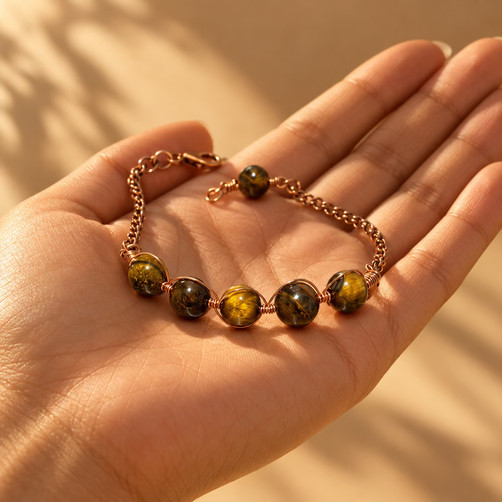 Adjustable Feral Copper bracelet with earthy glass beads held in hand
