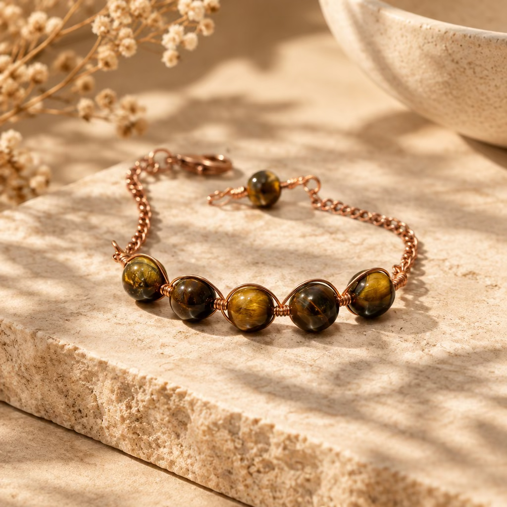 Handmade Feral Copper glass bead bracelet displayed on stone