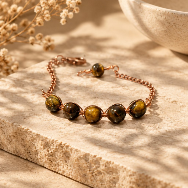 Handmade Feral Copper glass bead bracelet displayed on stone