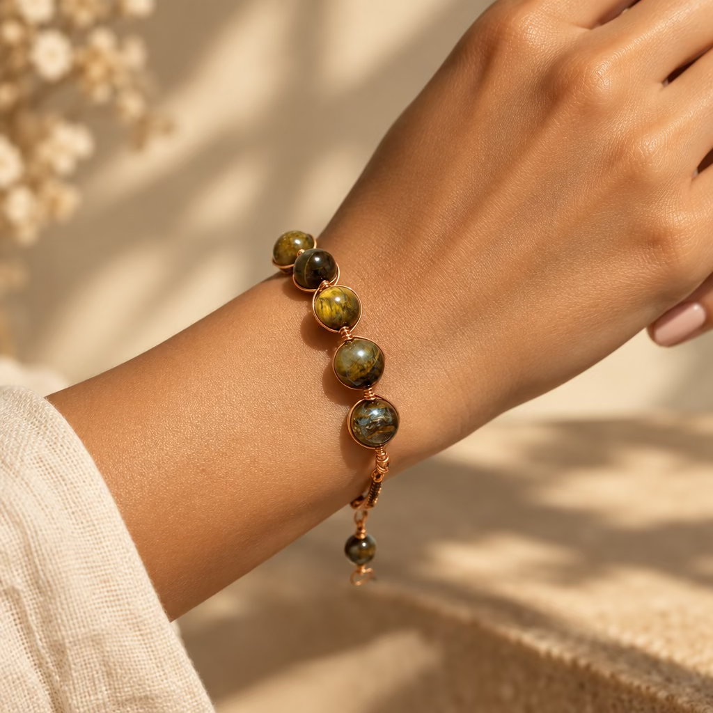 Feral Copper handmade glass bead bracelet worn on wrist