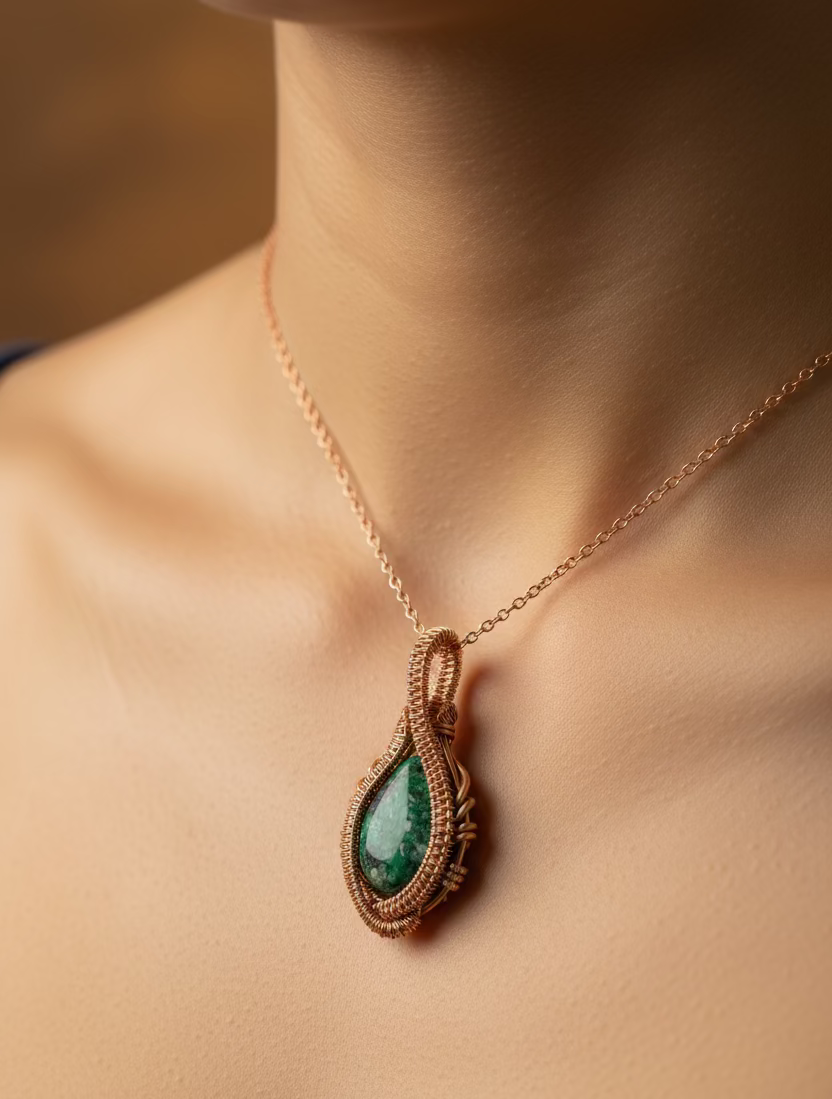 Handcrafted green cabochon pendant wrapped in copper wire worn on a delicate copper chain.
