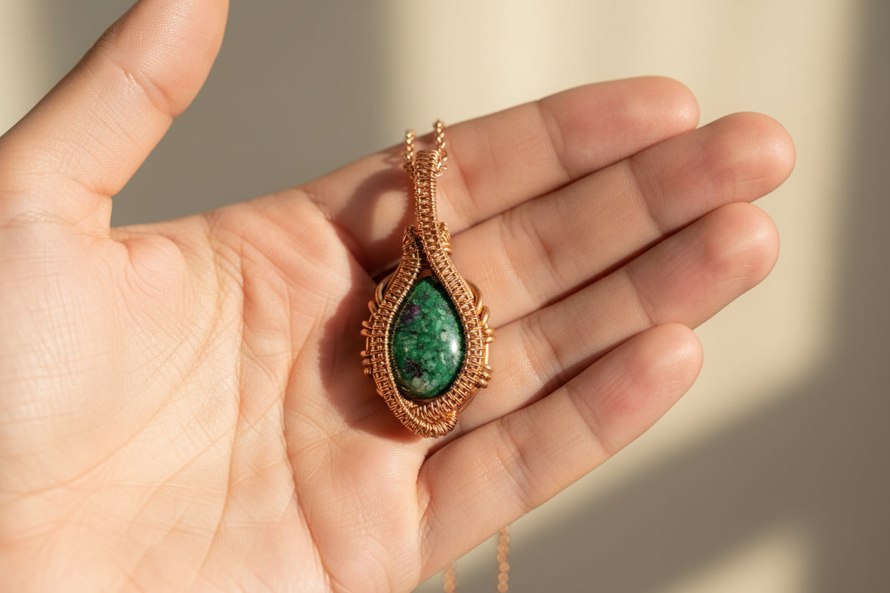 Artisan copper wire wrapped green cabochon pendant shown in hand to demonstrate size and detail.