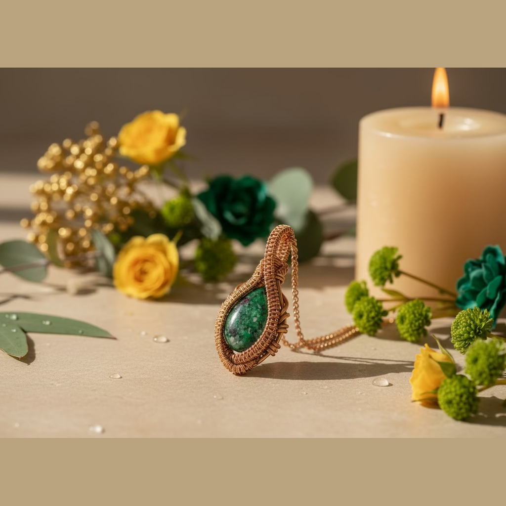 Green teardrop cabochon pendant with intricate copper wire wrapping displayed luxury background.