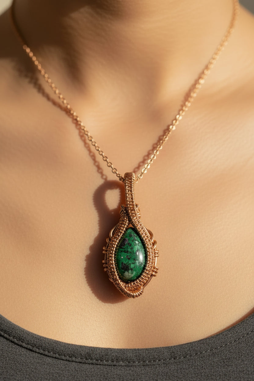 Handcrafted green cabochon pendant wrapped in copper wire worn on a delicate copper chain.