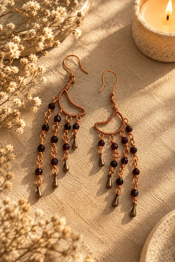 Pair of handcrafted Garnet Alchemy Cascade Earrings with red garnet beads, intricate copper wire wrapping, and dangling copper teardrops.