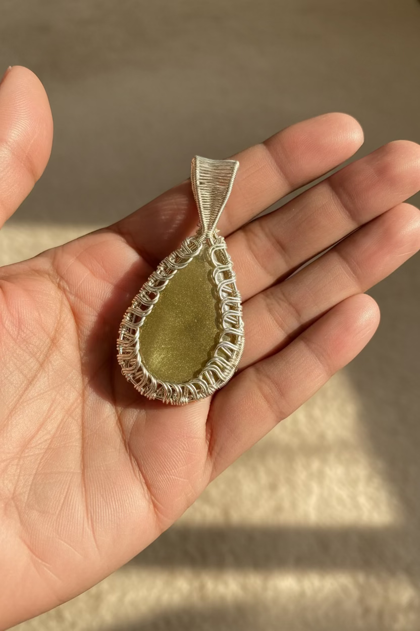 Close-up of Golden Serenity Pendant showing intricate silver wire wrapping around a shimmering golden resin teardrop.