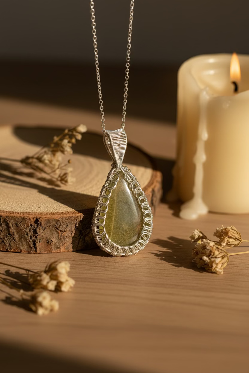 Golden Serenity Pendant handcrafted with golden resin and silver wire displayed on a rustic wooden surface beside candles.