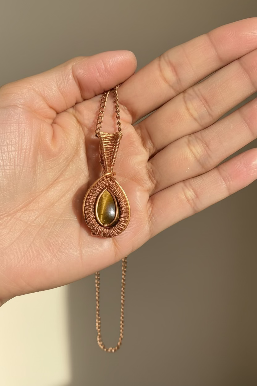 Hand holding the handcrafted Golden Vigil Tiger's Eye pendant, showcasing intricate copper wire weaving and the gemstone's golden chatoyancy.