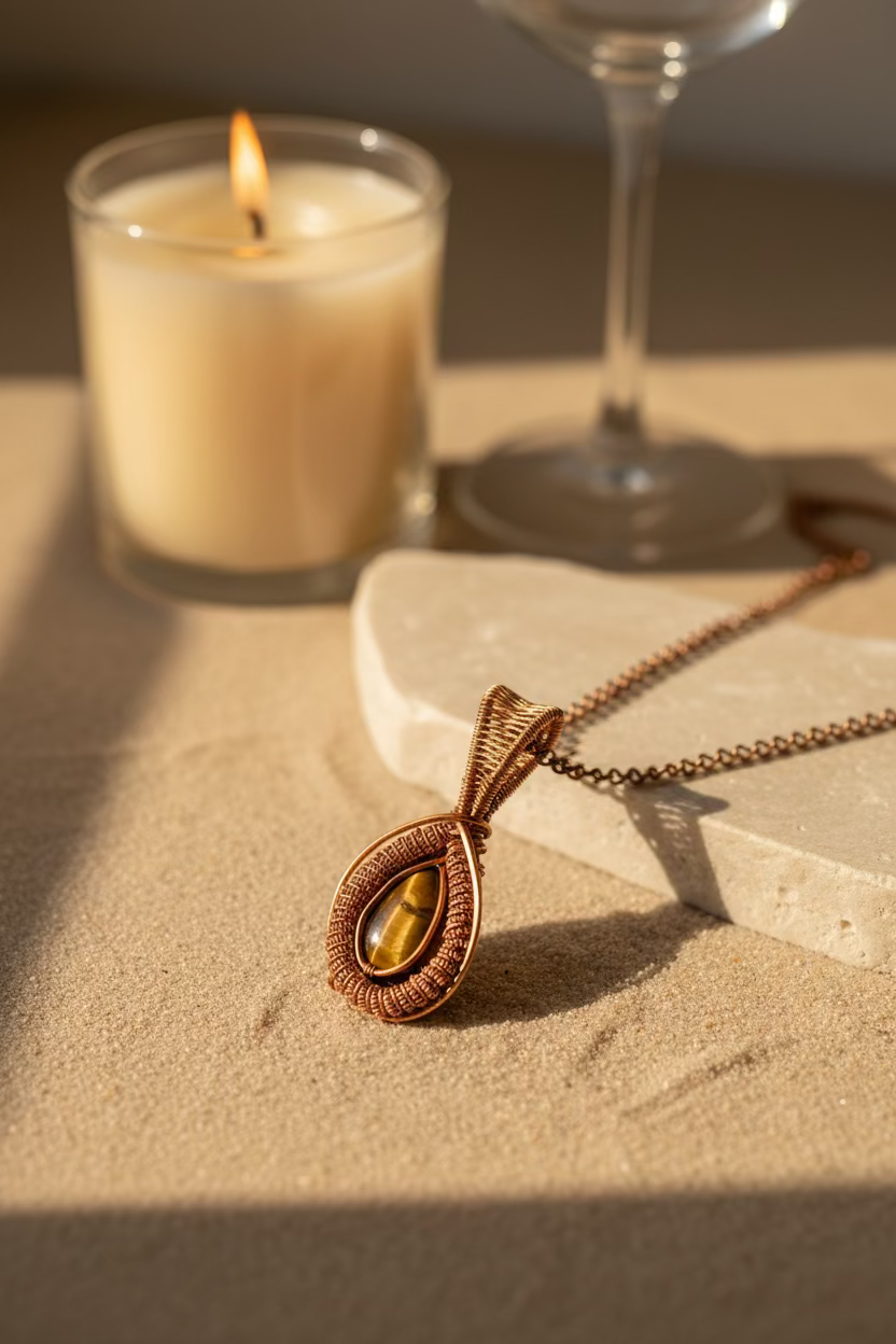 Golden Vigil handcrafted Tiger's Eye copper pendant displayed beside a candle and wooden jewellery box, highlighting its warm artisan craftsmanship.