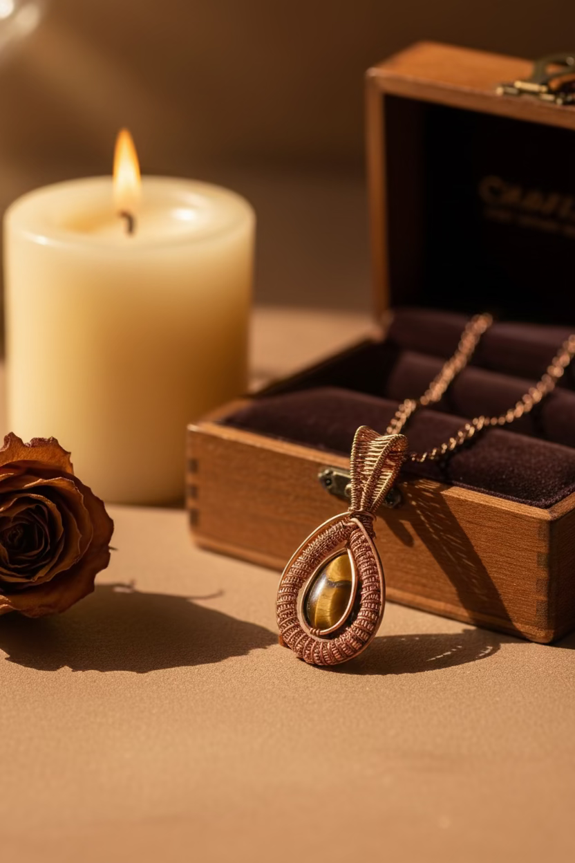 Golden Vigil handcrafted Tiger's Eye copper pendant displayed beside a candle and wooden jewellery box, highlighting its warm artisan craftsmanship.