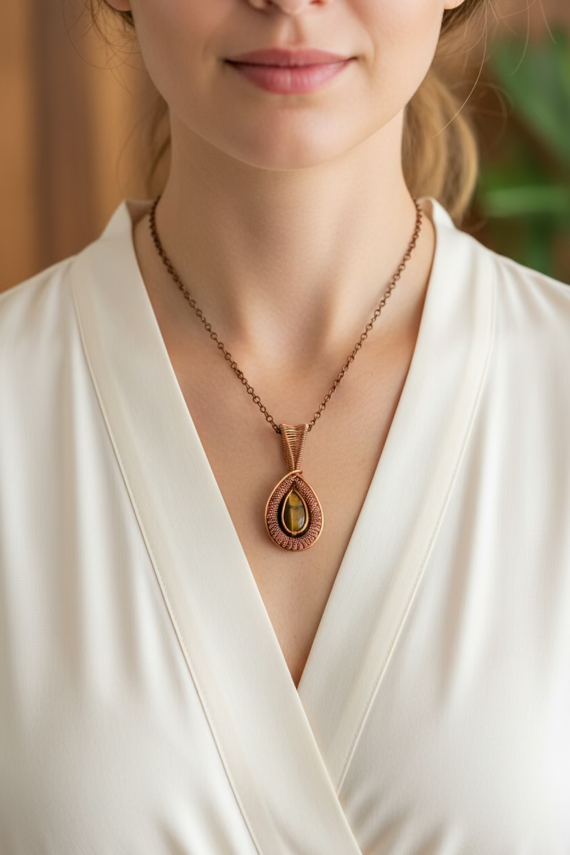 A woman wearing the handcrafted Golden Vigil Tiger's Eye pendant wrapped in warm copper wire on a matching copper-coloured chain.