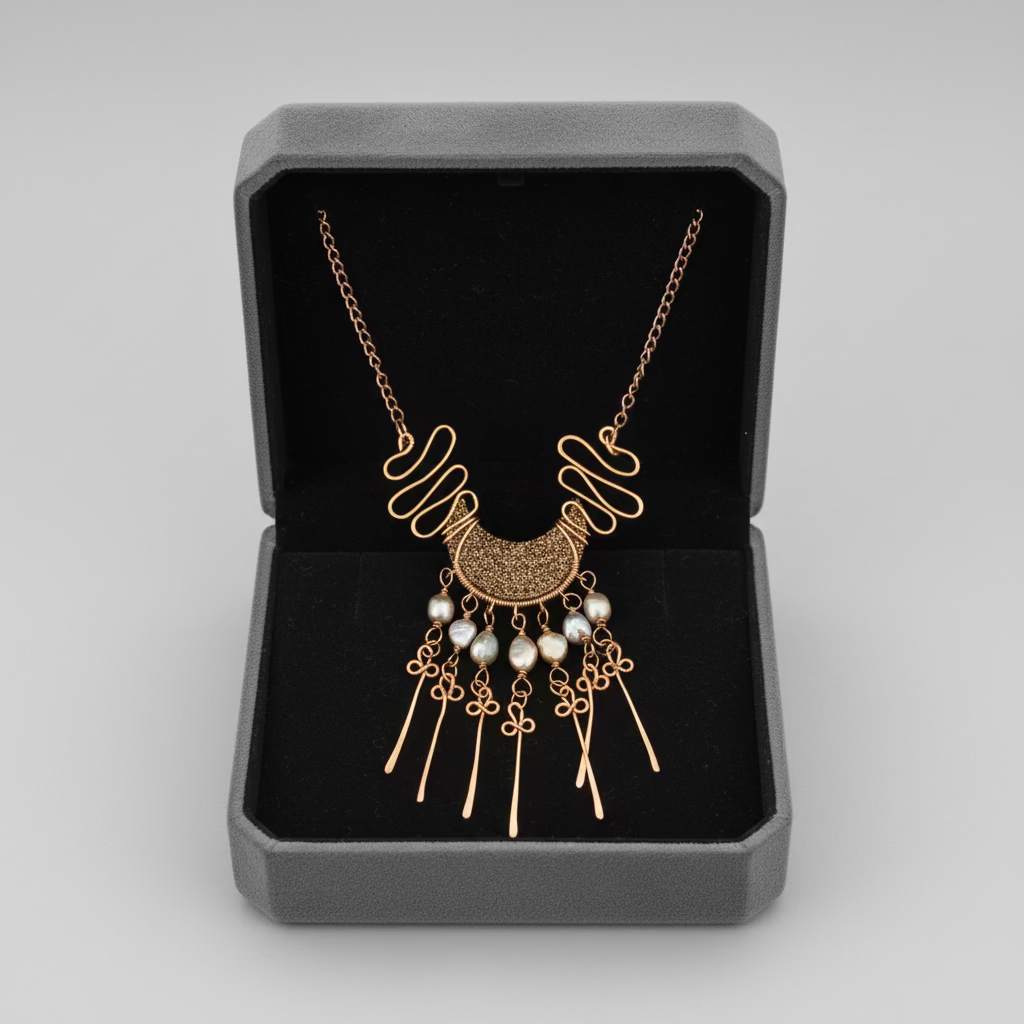 Handmade Copper Statement Necklace with Pearls – Boho Wire-Wrapped Fringe Jewelry