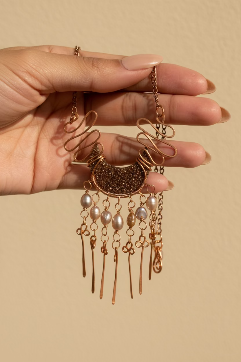 Handmade Copper Statement Necklace with Pearls – Boho Wire-Wrapped Fringe Jewelry