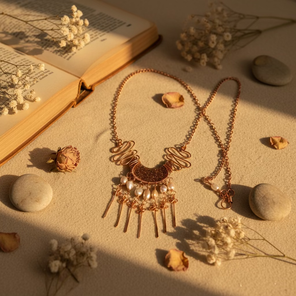 Handmade Copper Statement Necklace with Pearls – Boho Wire-Wrapped Fringe Jewelry