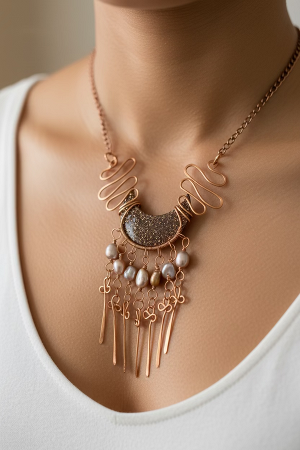 Handmade Copper Statement Necklace with Pearls – Boho Wire-Wrapped Fringe Jewelry