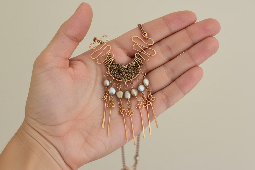 Handmade Copper Statement Necklace with Pearls – Boho Wire-Wrapped Fringe Jewelry