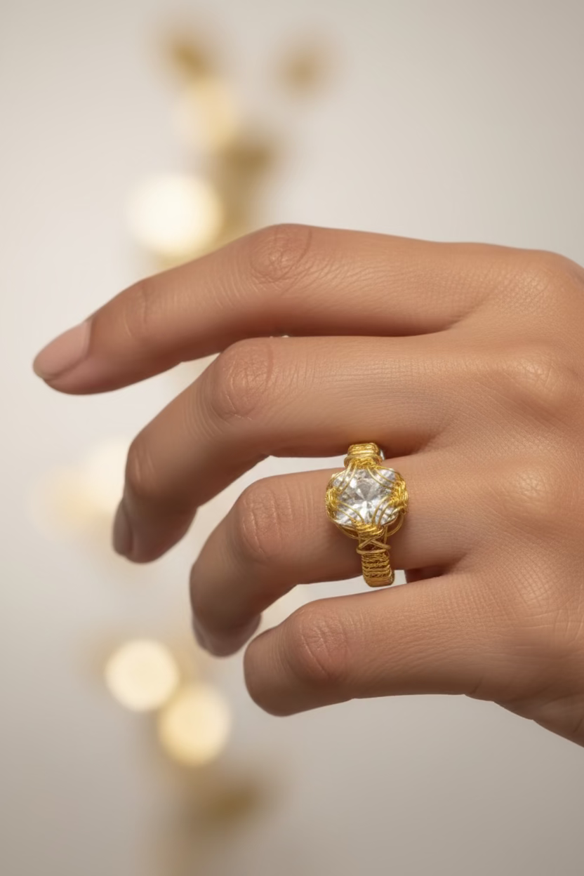Wire Wrapped Zirconia Ring – Elegant Handmade Statement Ring (Sizes 7–9)