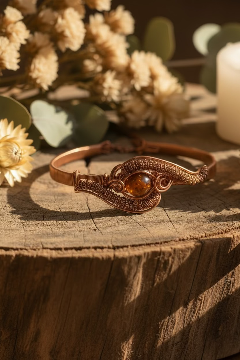 Artisan handcrafted copper cuff bracelet with mystic aura quartz displayed on rustic wood in warm natural lighting.