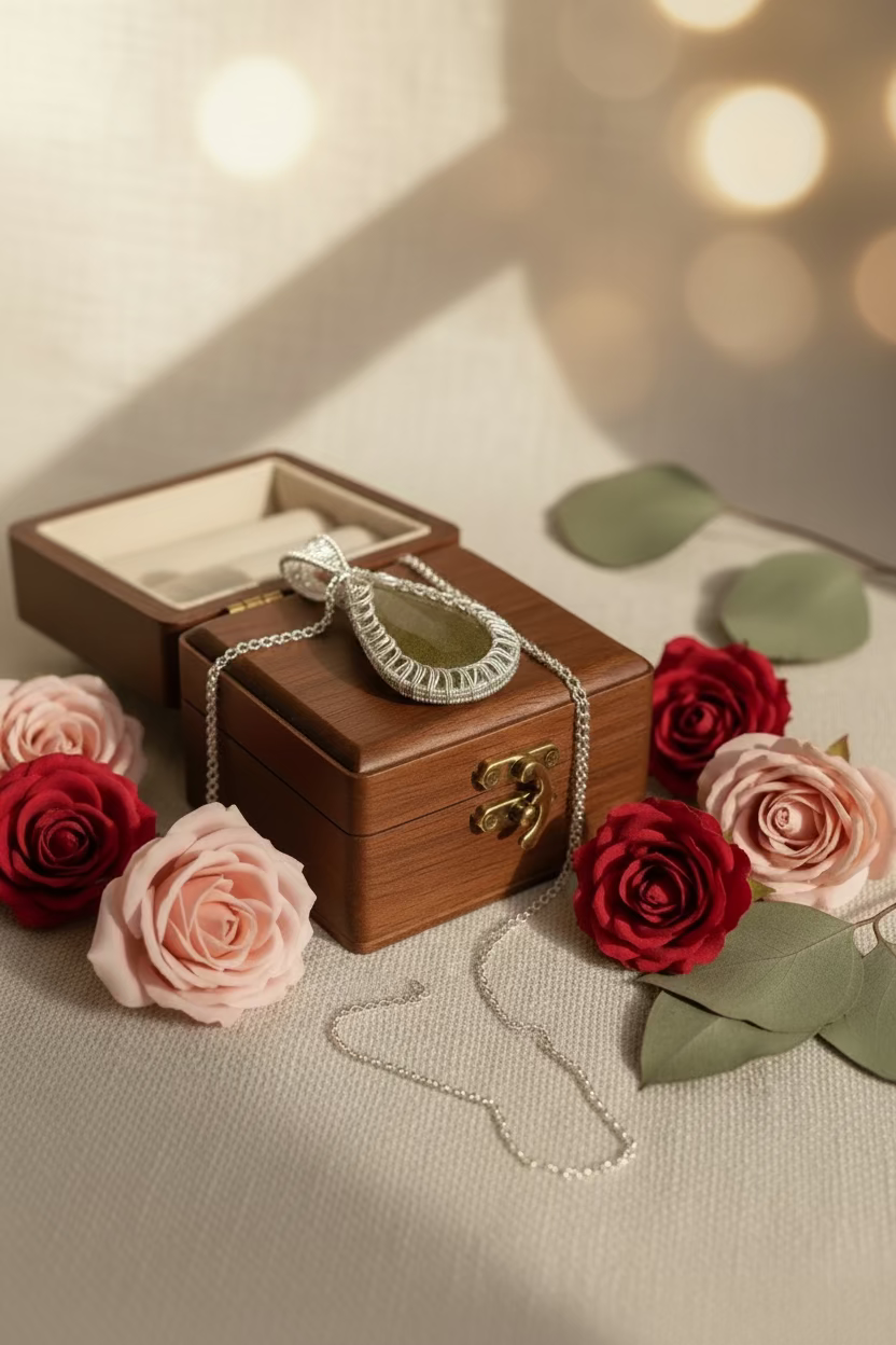 Golden Serenity Pendant handcrafted with golden resin and silver wire displayed on a box beside roses