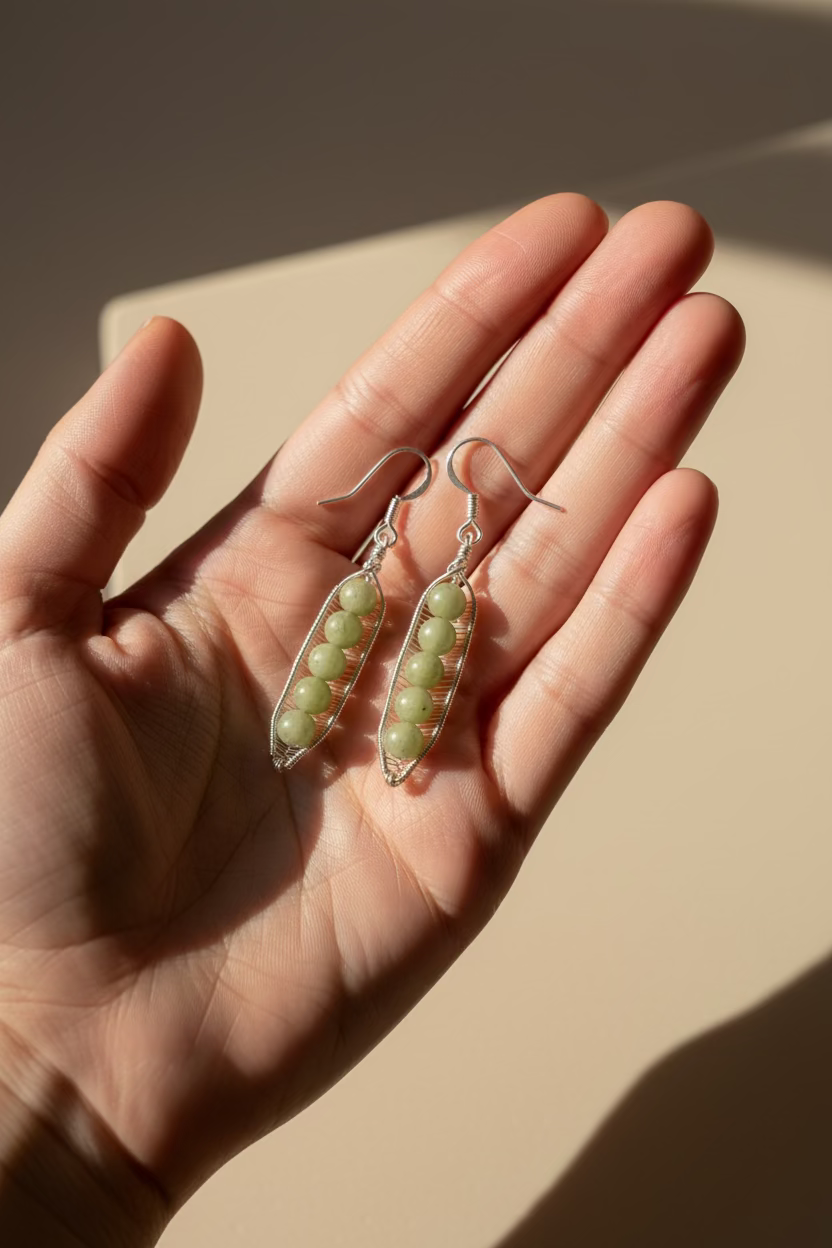 Green Jade Pea Pod Earrings – Handwrapped Wire Jewelry – Nature Inspired Dangle Earrings – Gift for Her