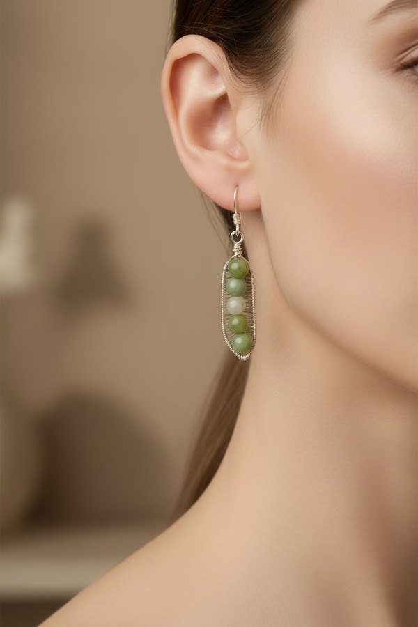 Green Jade Pea Pod Earrings – Handwrapped Wire Jewelry – Nature Inspired Dangle Earrings – Gift for Her