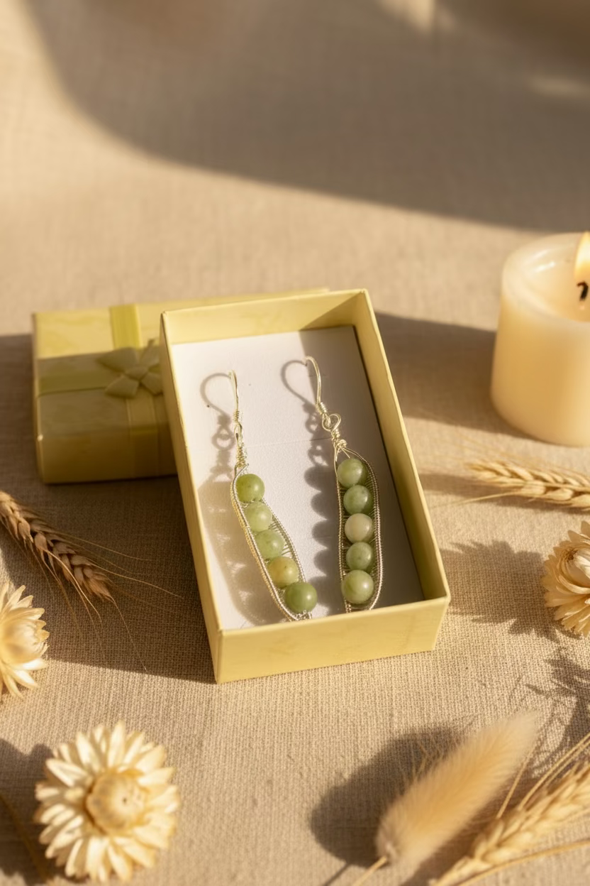 Green Jade Pea Pod Earrings – Handwrapped Wire Jewelry – Nature Inspired Dangle Earrings – Gift for Her