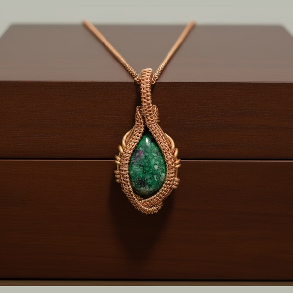 Handmade Copper Wire Wrapped Green Natural Pigmented Cabochon Pendant Necklace | Artisan Teardrop Jewelry Gift