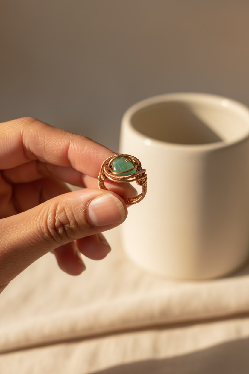 Green Aventurine Copper Wire Wrapped Ring – Adjustable Handmade Gemstone Ring (Sizes 6–9)