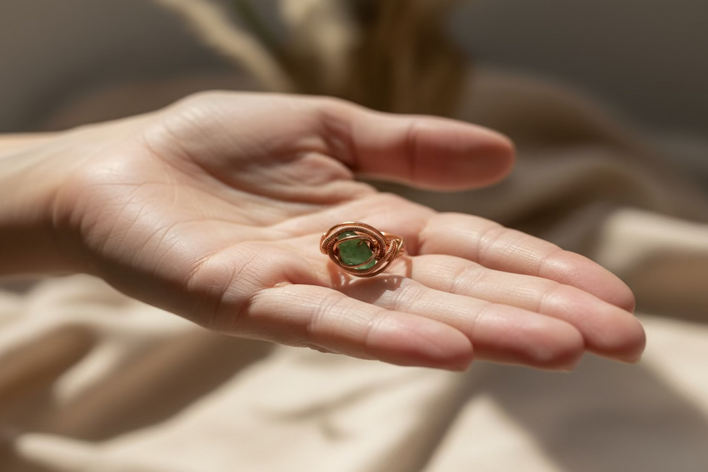 Green Aventurine Copper Wire Wrapped Ring – Adjustable Handmade Gemstone Ring (Sizes 6–9)